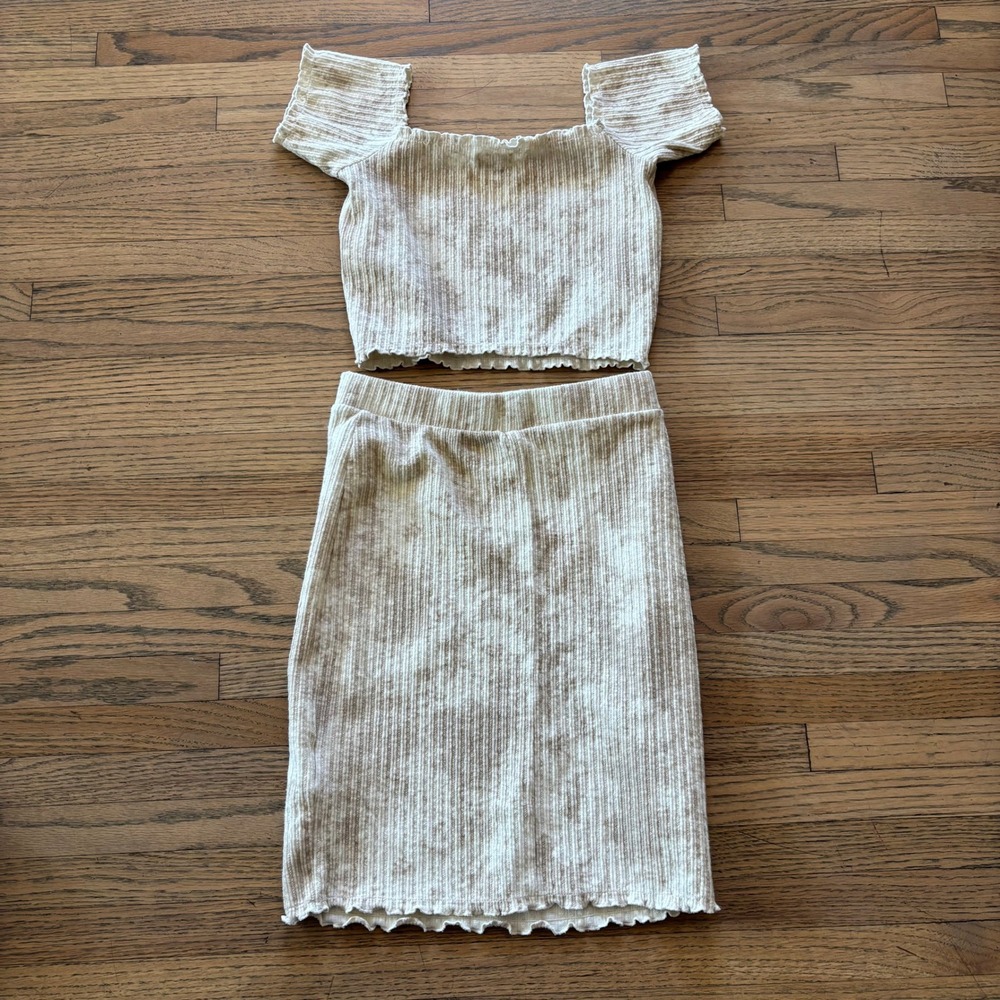 Roxy Womens Ribbed Knit 2 Piece Set‎ Tan White Crop Top Skirt XS S - Picture 9 of 9